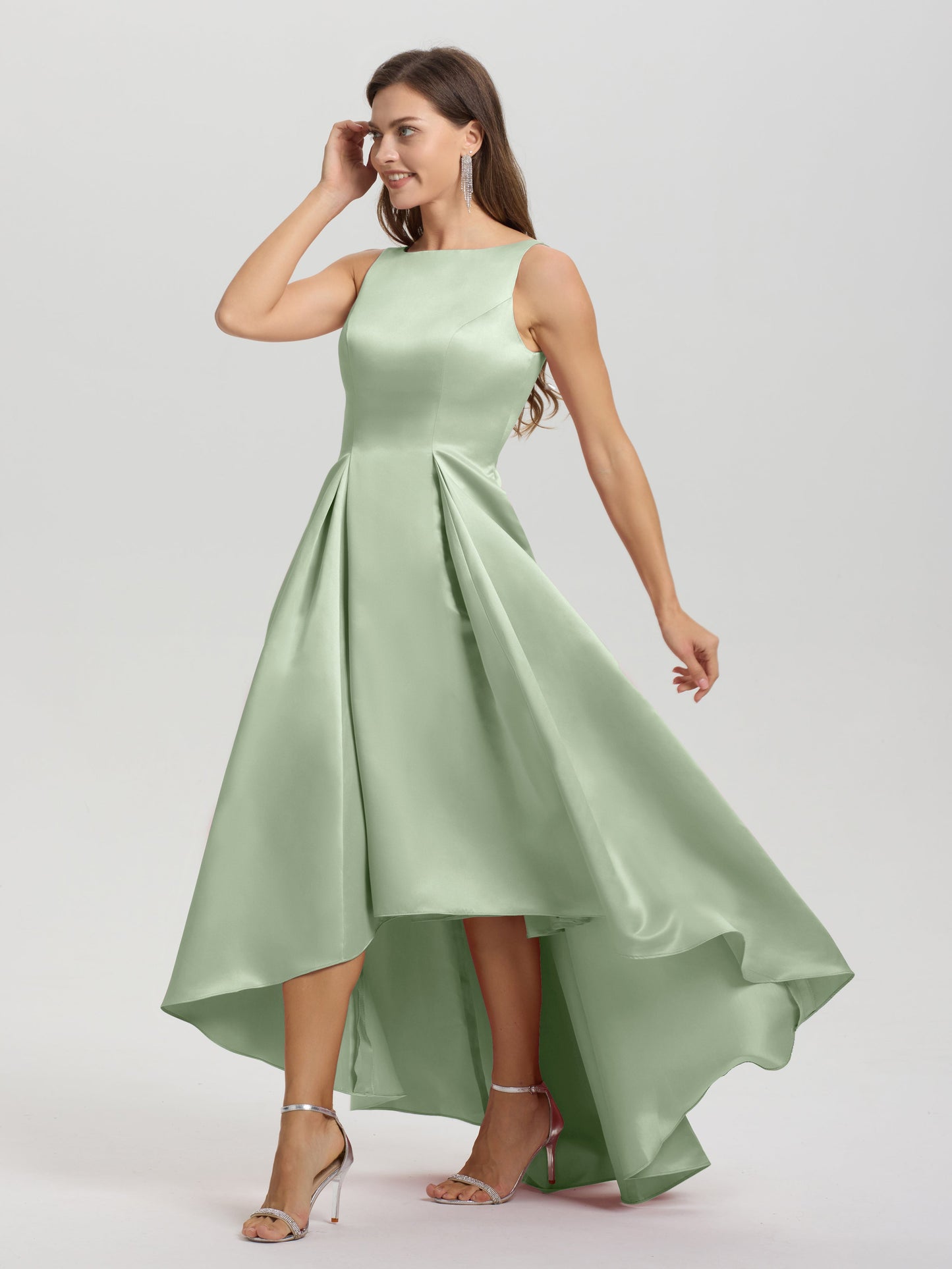 A-Line Sleeveless High Low Satin Bodice V-Back Bridesmaid Dress