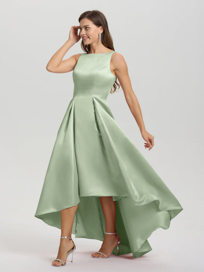 A-Line Sleeveless High Low Satin Bodice V-Back Bridesmaid Dress