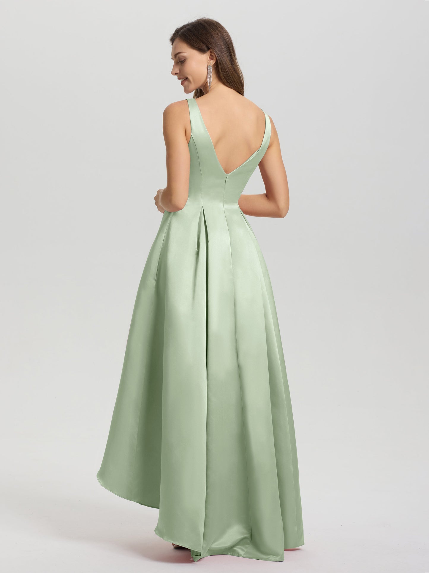 A-Line Sleeveless High Low Satin Bodice V-Back Bridesmaid Dress