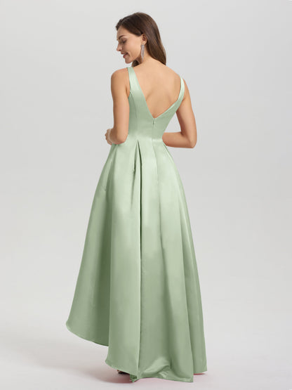 A-Line Sleeveless High Low Satin Bodice V-Back Bridesmaid Dress