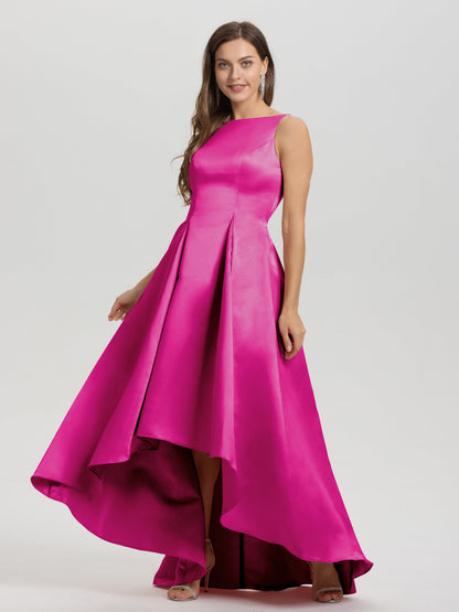 A-Line Sleeveless High Low Satin Bodice V-Back Bridesmaid Dress