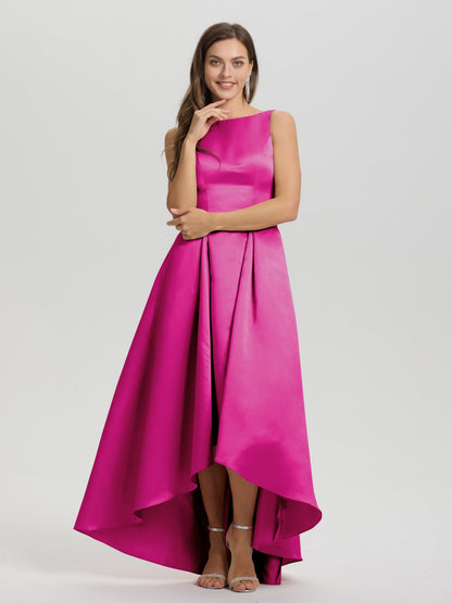 A-Line Sleeveless High Low Satin Bodice V-Back Bridesmaid Dress