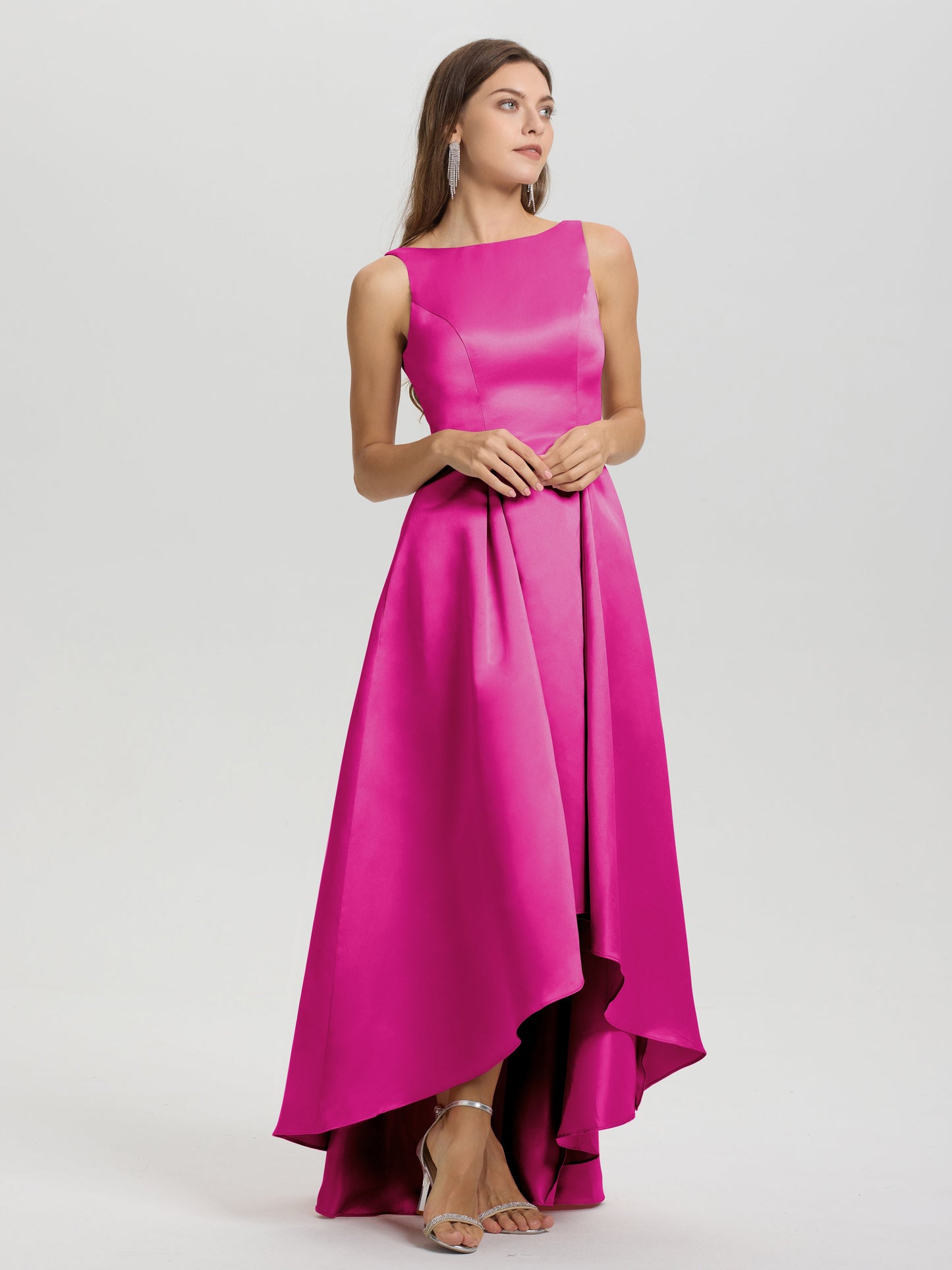 A-Line Sleeveless High Low Satin Bodice V-Back Bridesmaid Dress