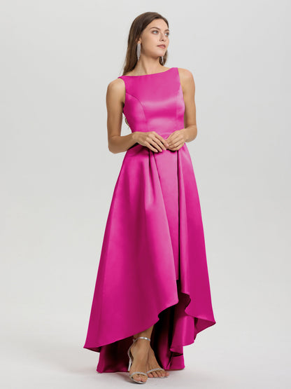 A-Line Sleeveless High Low Satin Bodice V-Back Bridesmaid Dress
