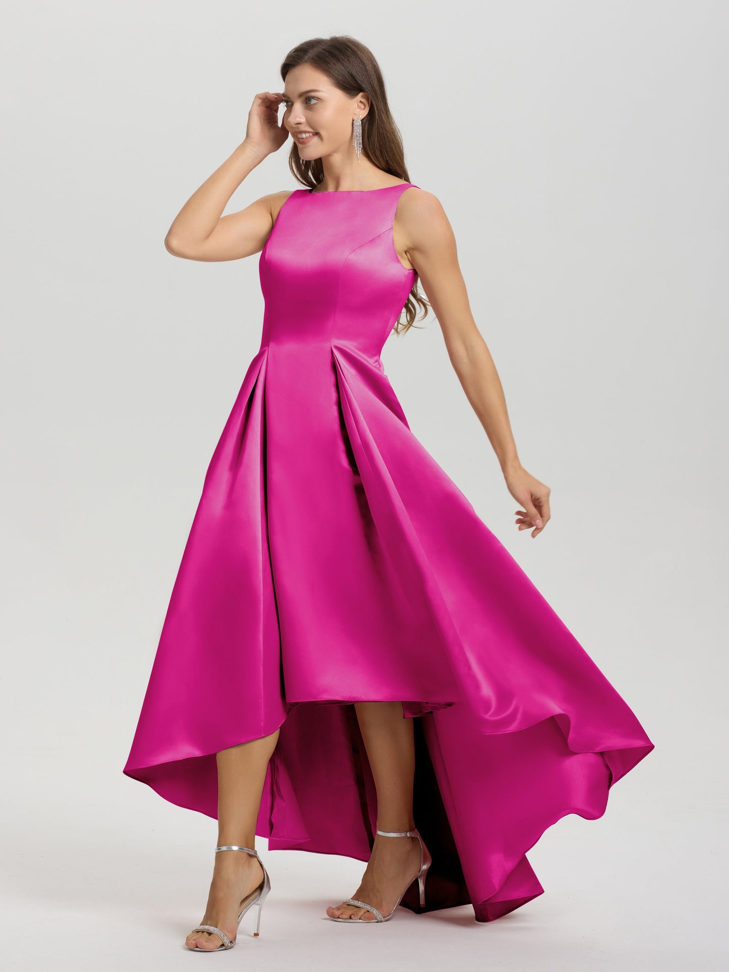 A-Line Sleeveless High Low Satin Bodice V-Back Bridesmaid Dress