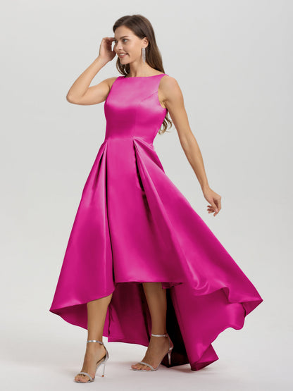 A-Line Sleeveless High Low Satin Bodice V-Back Bridesmaid Dress