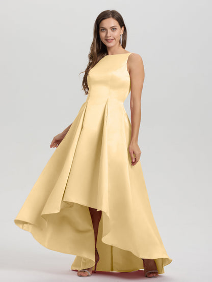 A-Line Sleeveless High Low Satin Bodice V-Back Bridesmaid Dress