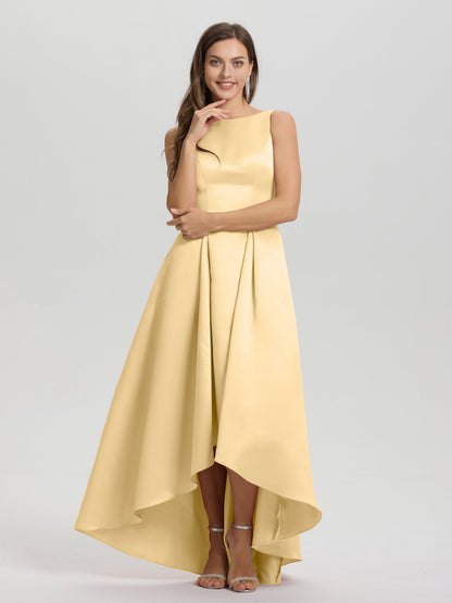 A-Line Sleeveless High Low Satin Bodice V-Back Bridesmaid Dress