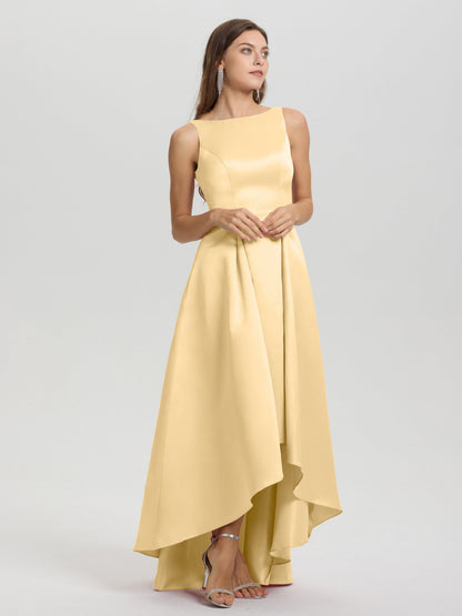 A-Line Sleeveless High Low Satin Bodice V-Back Bridesmaid Dress