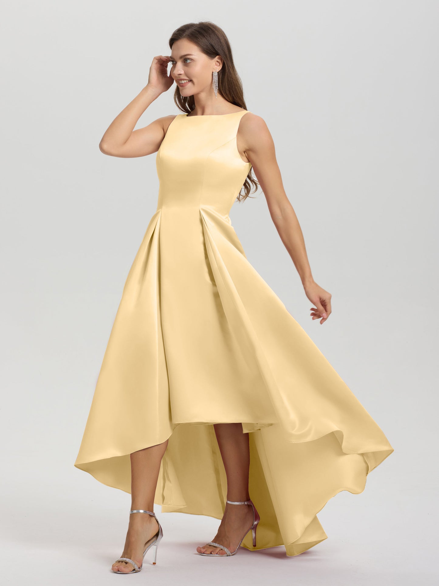 A-Line Sleeveless High Low Satin Bodice V-Back Bridesmaid Dress