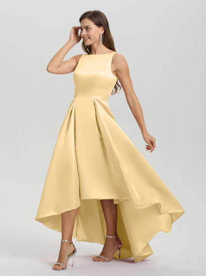 A-Line Sleeveless High Low Satin Bodice V-Back Bridesmaid Dress