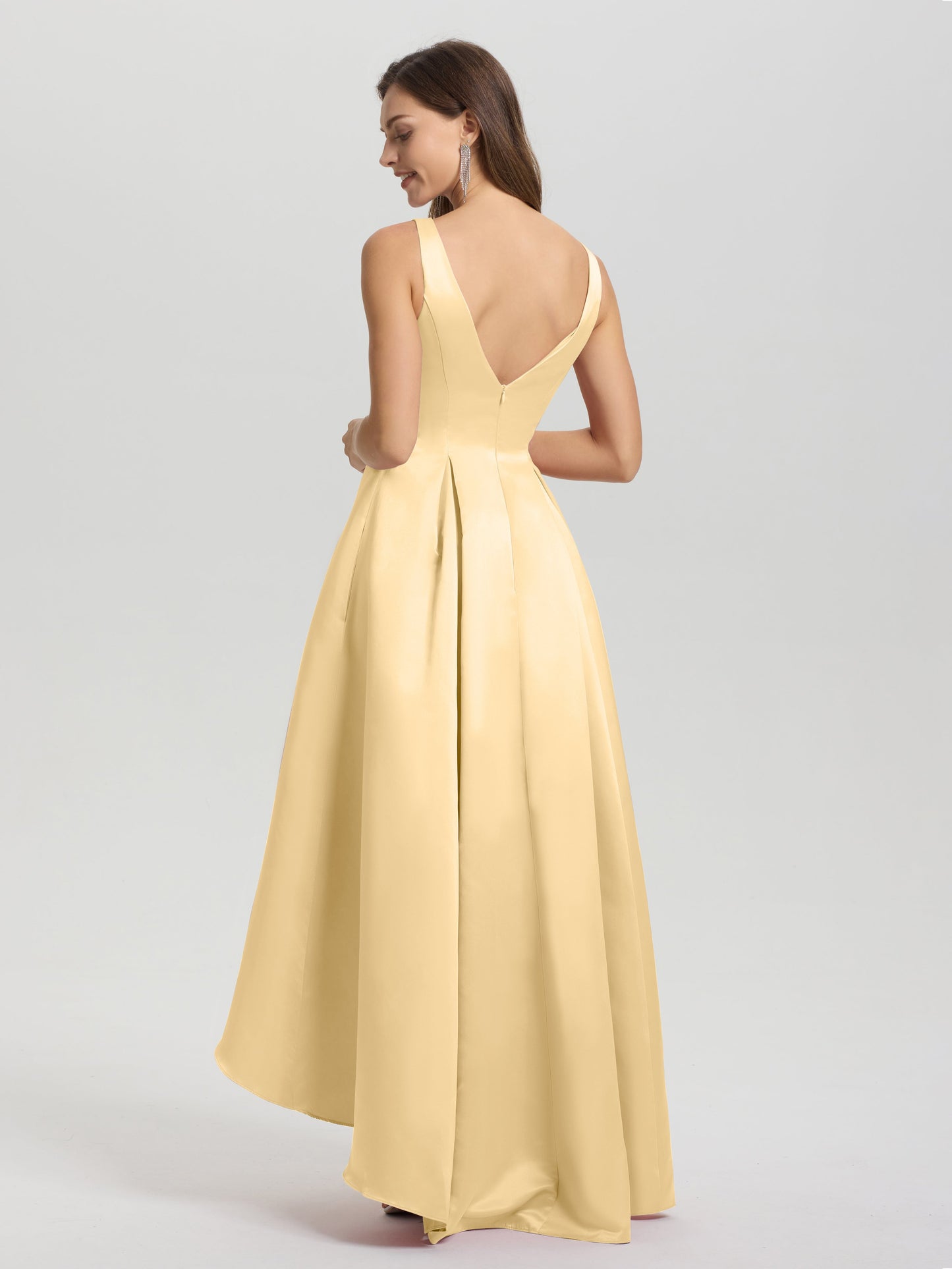 A-Line Sleeveless High Low Satin Bodice V-Back Bridesmaid Dress