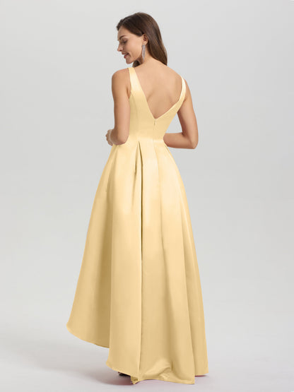 A-Line Sleeveless High Low Satin Bodice V-Back Bridesmaid Dress