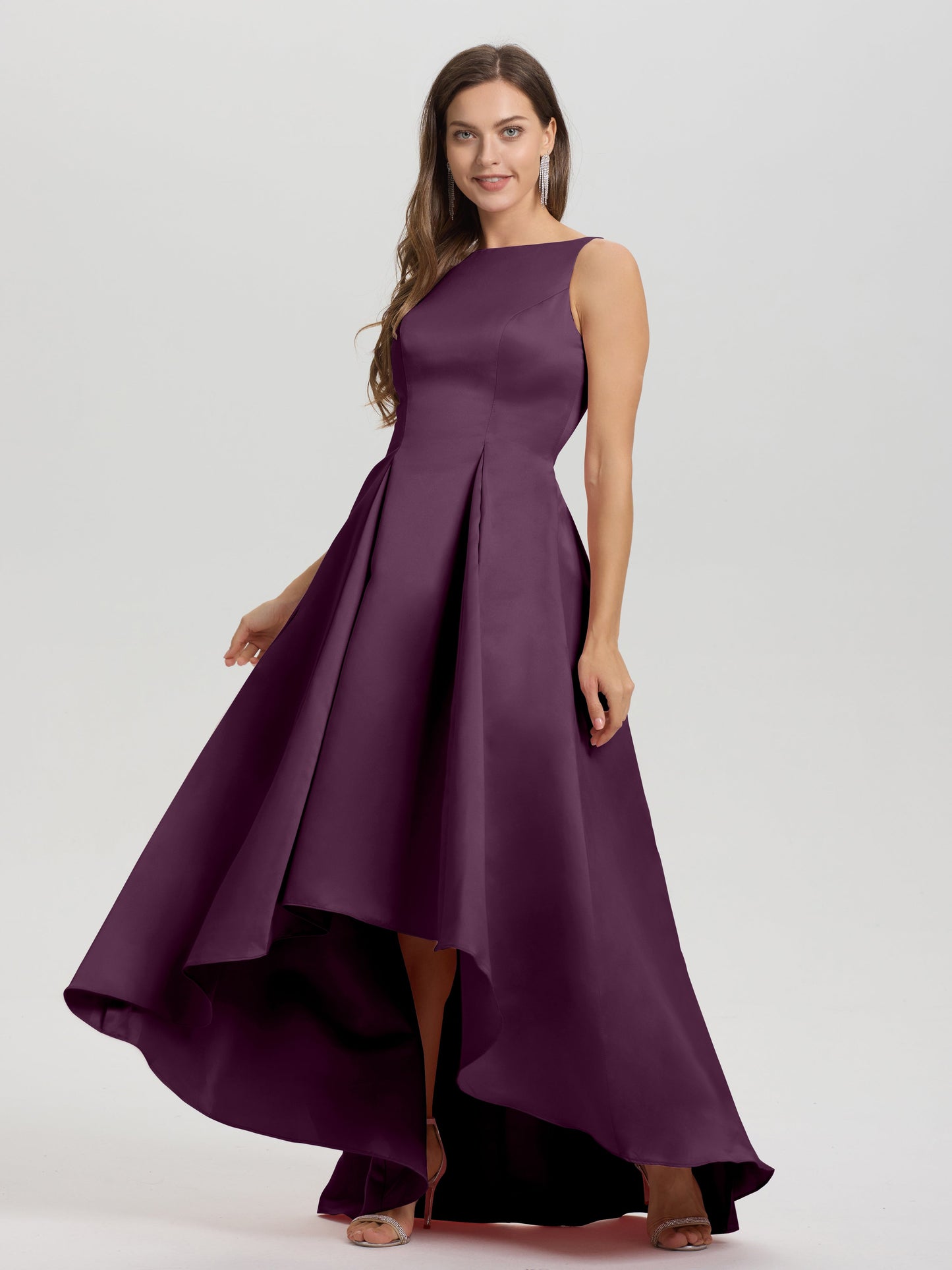 A-Line Sleeveless High Low Satin Bodice V-Back Bridesmaid Dress