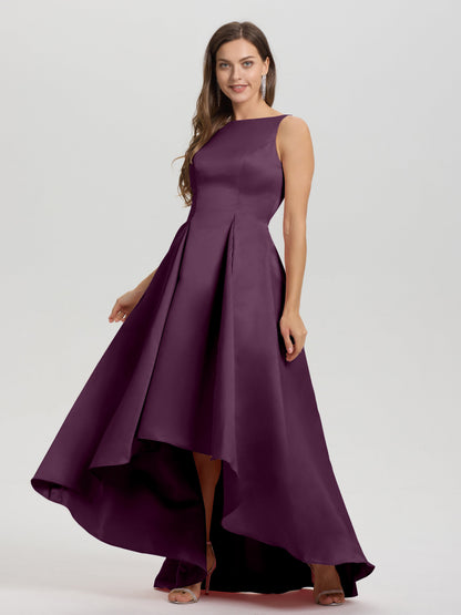 A-Line Sleeveless High Low Satin Bodice V-Back Bridesmaid Dress