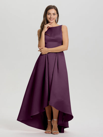 A-Line Sleeveless High Low Satin Bodice V-Back Bridesmaid Dress