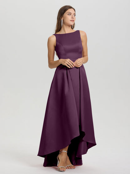 A-Line Sleeveless High Low Satin Bodice V-Back Bridesmaid Dress