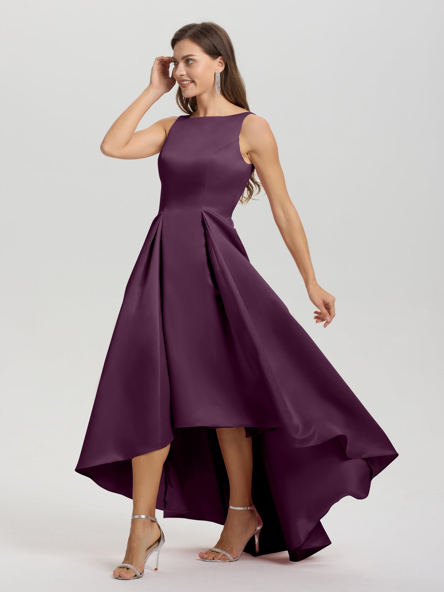 A-Line Sleeveless High Low Satin Bodice V-Back Bridesmaid Dress