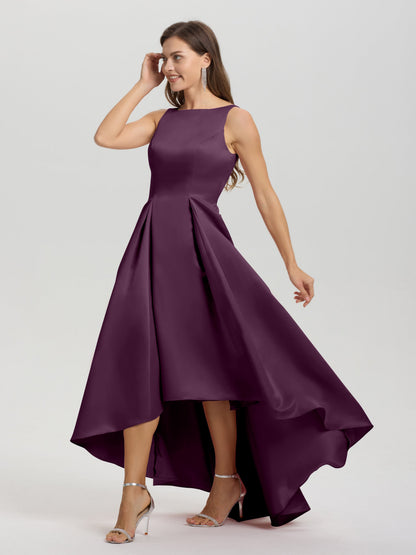 A-Line Sleeveless High Low Satin Bodice V-Back Bridesmaid Dress