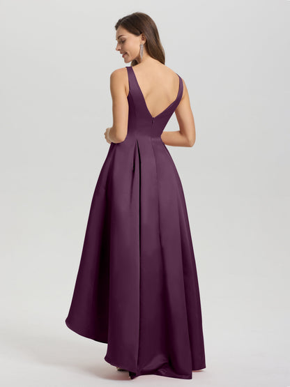 A-Line Sleeveless High Low Satin Bodice V-Back Bridesmaid Dress