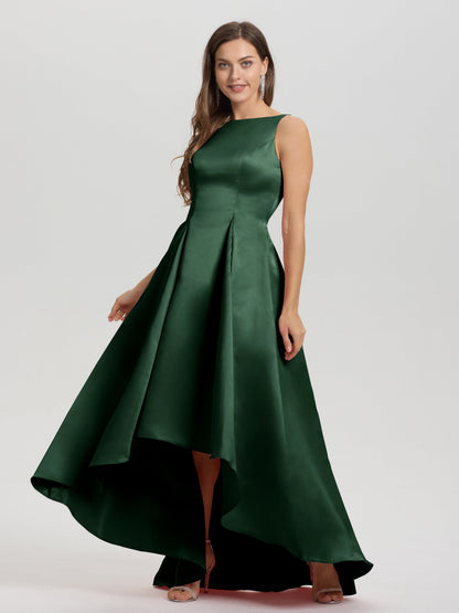 A-Line Sleeveless High Low Satin Bodice V-Back Bridesmaid Dress