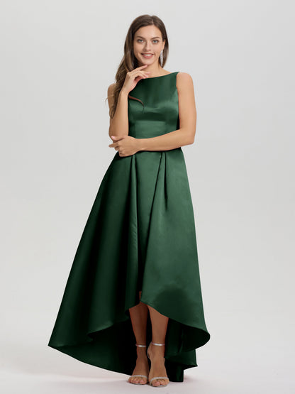 A-Line Sleeveless High Low Satin Bodice V-Back Bridesmaid Dress