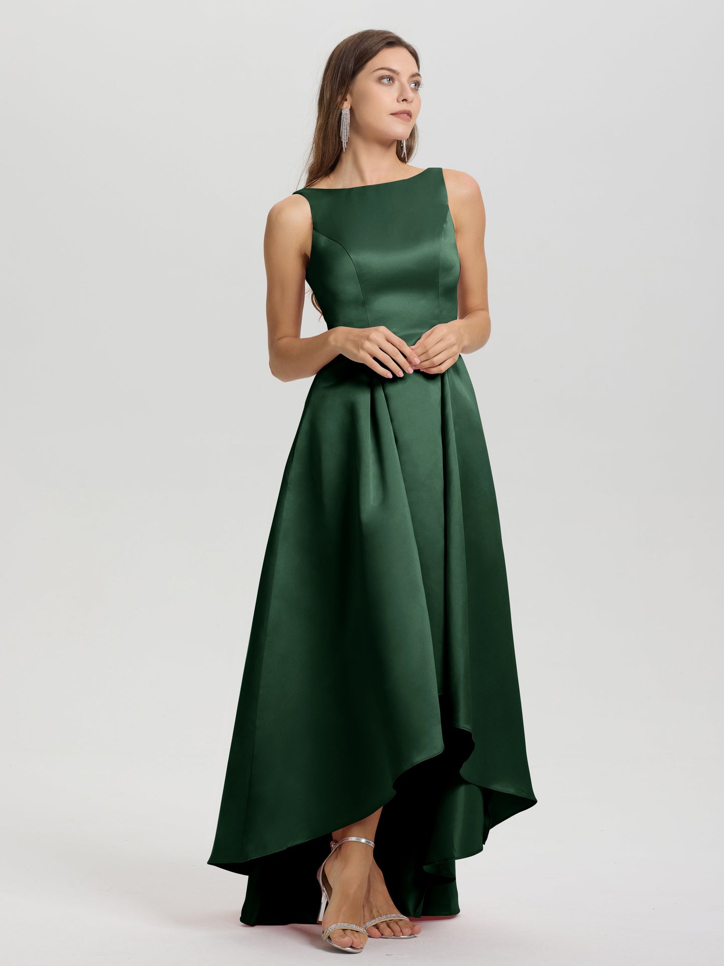 A-Line Sleeveless High Low Satin Bodice V-Back Bridesmaid Dress