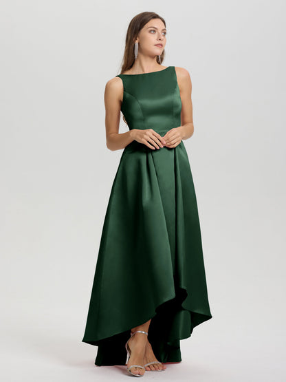 A-Line Sleeveless High Low Satin Bodice V-Back Bridesmaid Dress