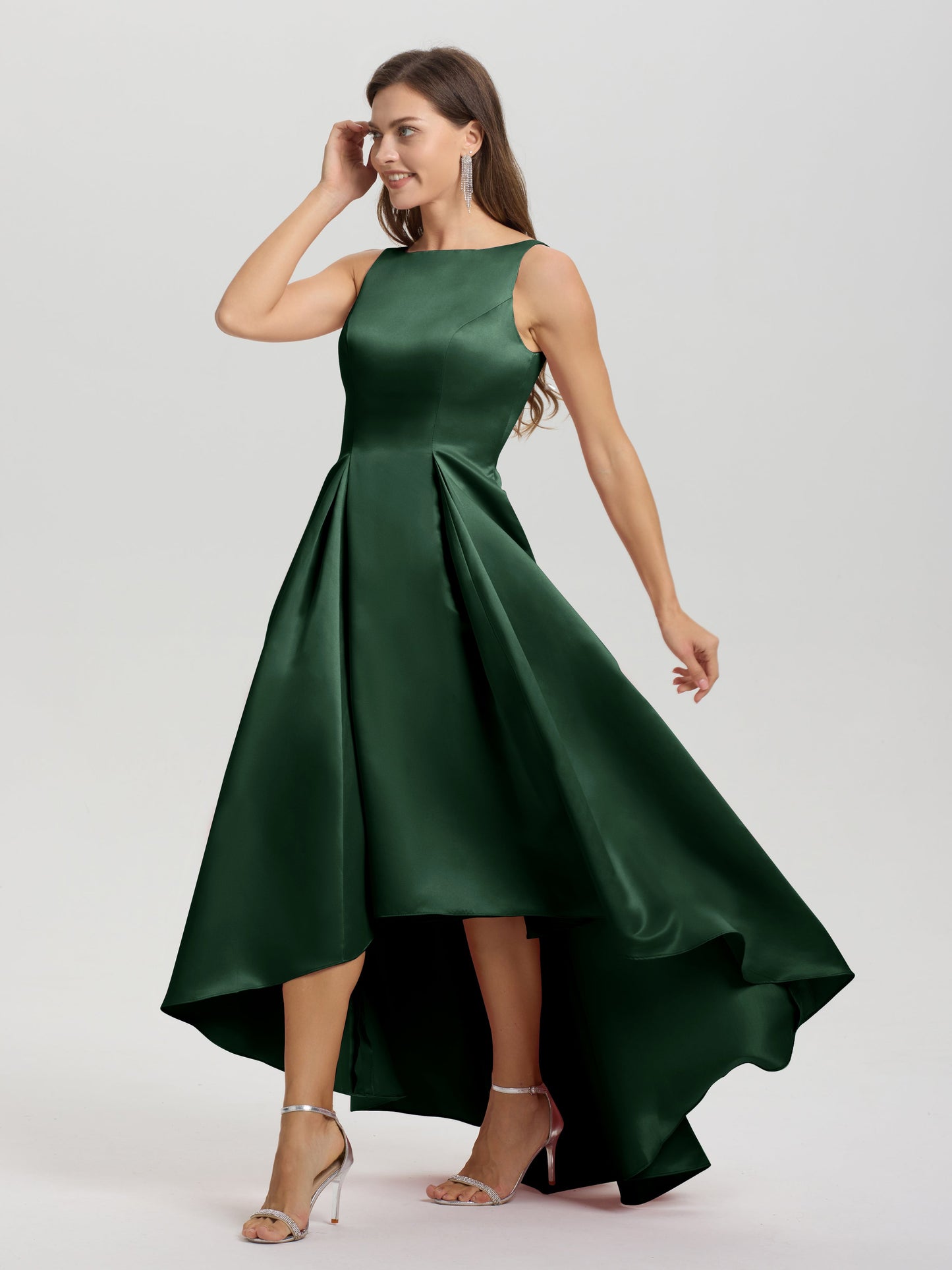 A-Line Sleeveless High Low Satin Bodice V-Back Bridesmaid Dress
