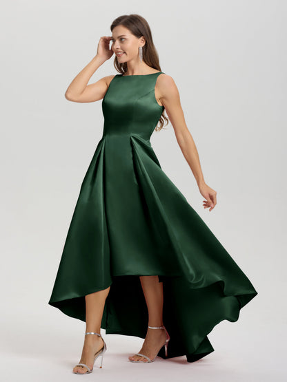 A-Line Sleeveless High Low Satin Bodice V-Back Bridesmaid Dress