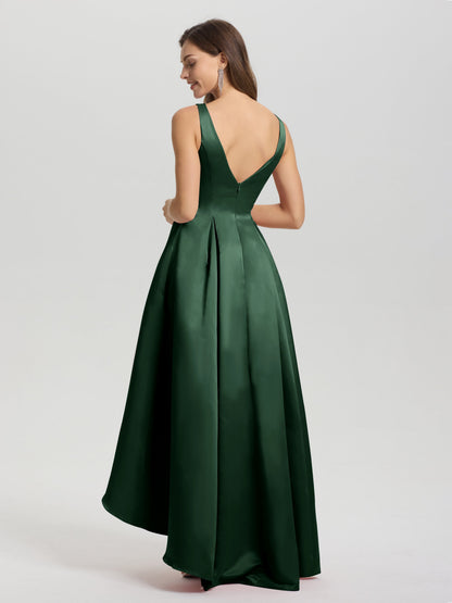 A-Line Sleeveless High Low Satin Bodice V-Back Bridesmaid Dress