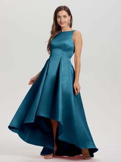 A-Line Sleeveless High Low Satin Bodice V-Back Bridesmaid Dress