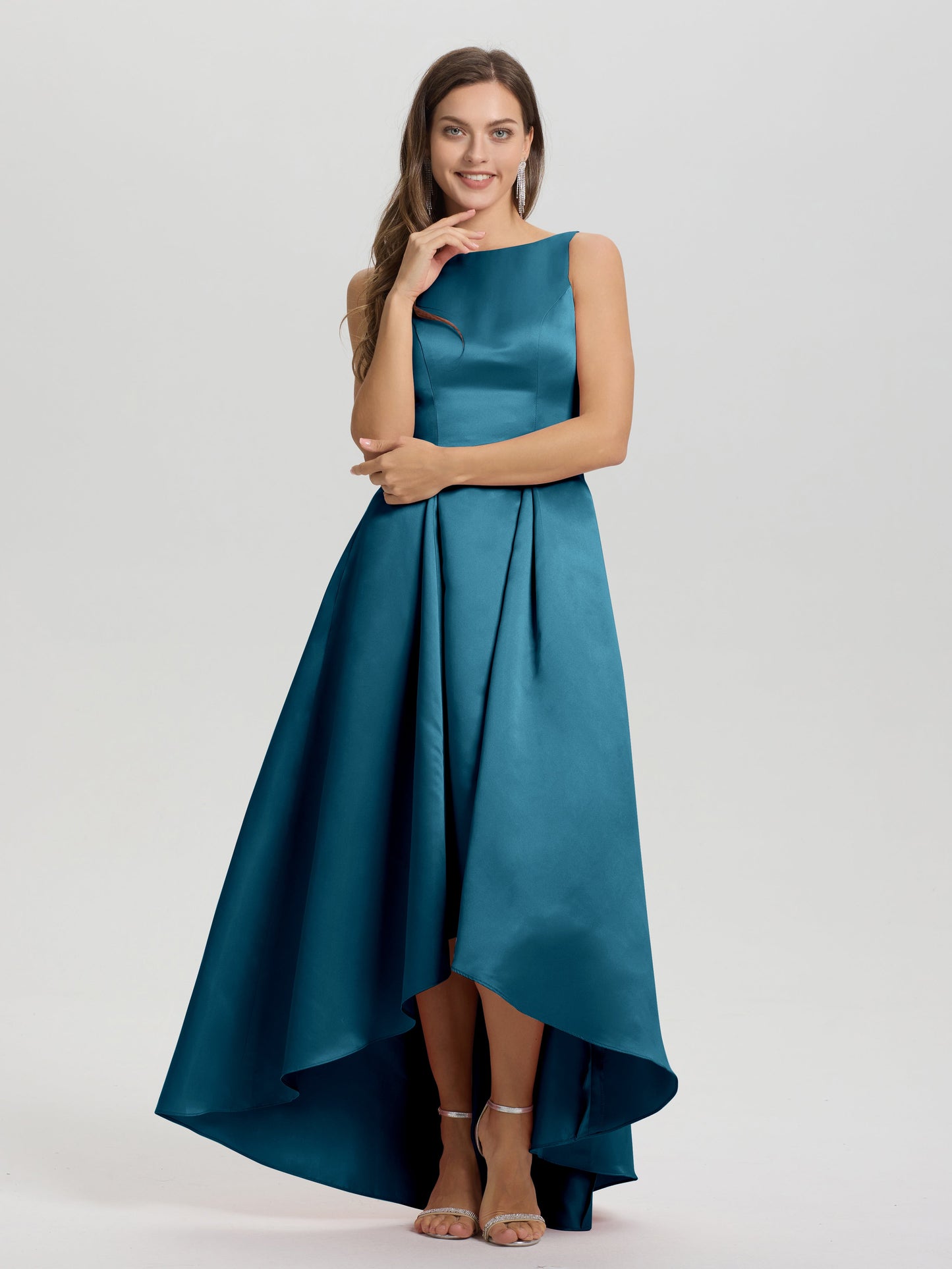 A-Line Sleeveless High Low Satin Bodice V-Back Bridesmaid Dress