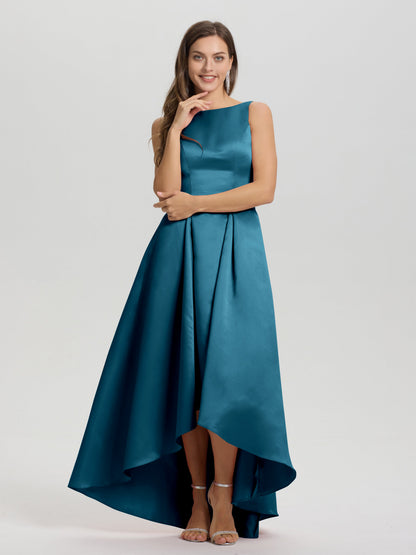 A-Line Sleeveless High Low Satin Bodice V-Back Bridesmaid Dress