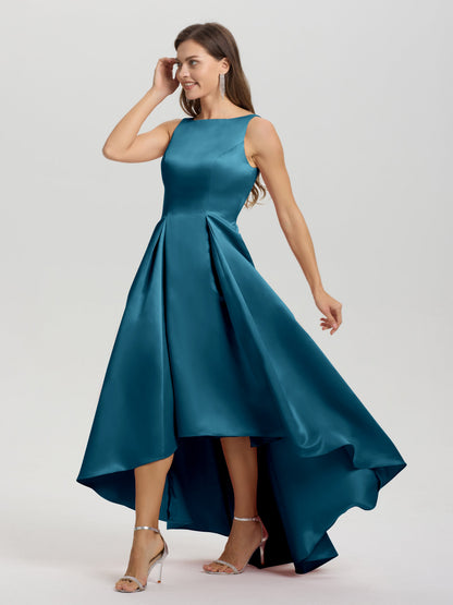A-Line Sleeveless High Low Satin Bodice V-Back Bridesmaid Dress
