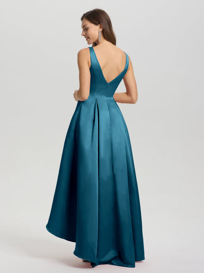 A-Line Sleeveless High Low Satin Bodice V-Back Bridesmaid Dress