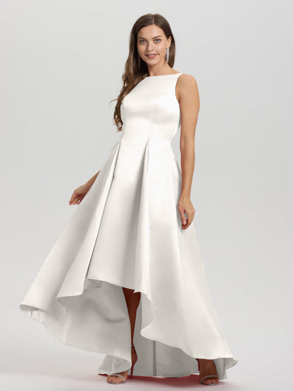 A-Line Sleeveless High Low Satin Bodice V-Back Bridesmaid Dress