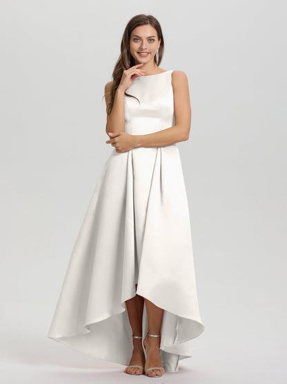 A-Line Sleeveless High Low Satin Bodice V-Back Bridesmaid Dress