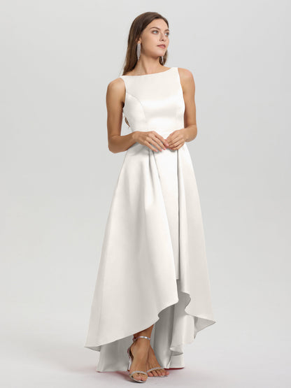 A-Line Sleeveless High Low Satin Bodice V-Back Bridesmaid Dress