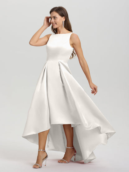 A-Line Sleeveless High Low Satin Bodice V-Back Bridesmaid Dress
