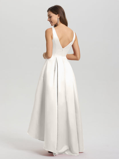 A-Line Sleeveless High Low Satin Bodice V-Back Bridesmaid Dress
