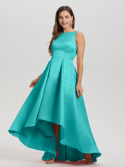 A-Line Sleeveless High Low Satin Bodice V-Back Bridesmaid Dress