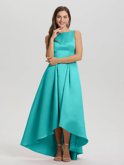 A-Line Sleeveless High Low Satin Bodice V-Back Bridesmaid Dress