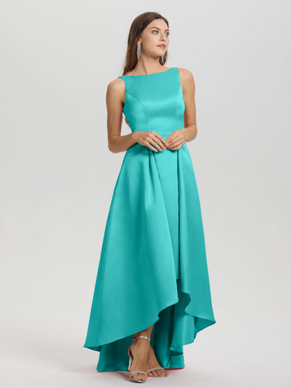 A-Line Sleeveless High Low Satin Bodice V-Back Bridesmaid Dress