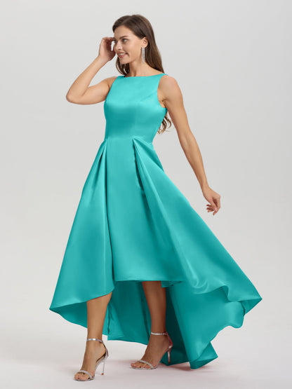 A-Line Sleeveless High Low Satin Bodice V-Back Bridesmaid Dress