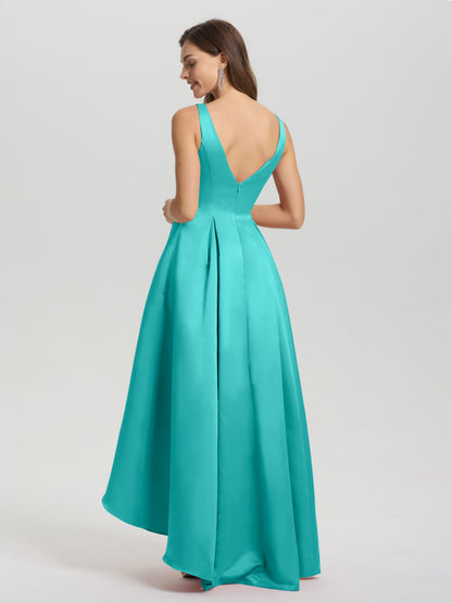 A-Line Sleeveless High Low Satin Bodice V-Back Bridesmaid Dress