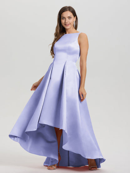 A-Line Sleeveless High Low Satin Bodice V-Back Bridesmaid Dress