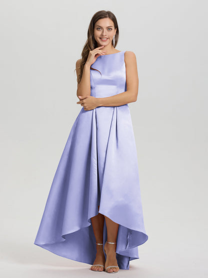 A-Line Sleeveless High Low Satin Bodice V-Back Bridesmaid Dress