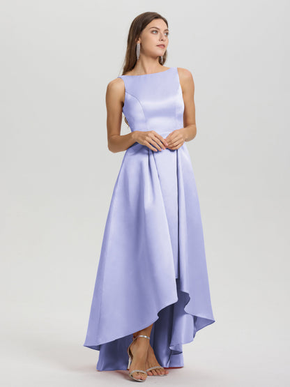A-Line Sleeveless High Low Satin Bodice V-Back Bridesmaid Dress