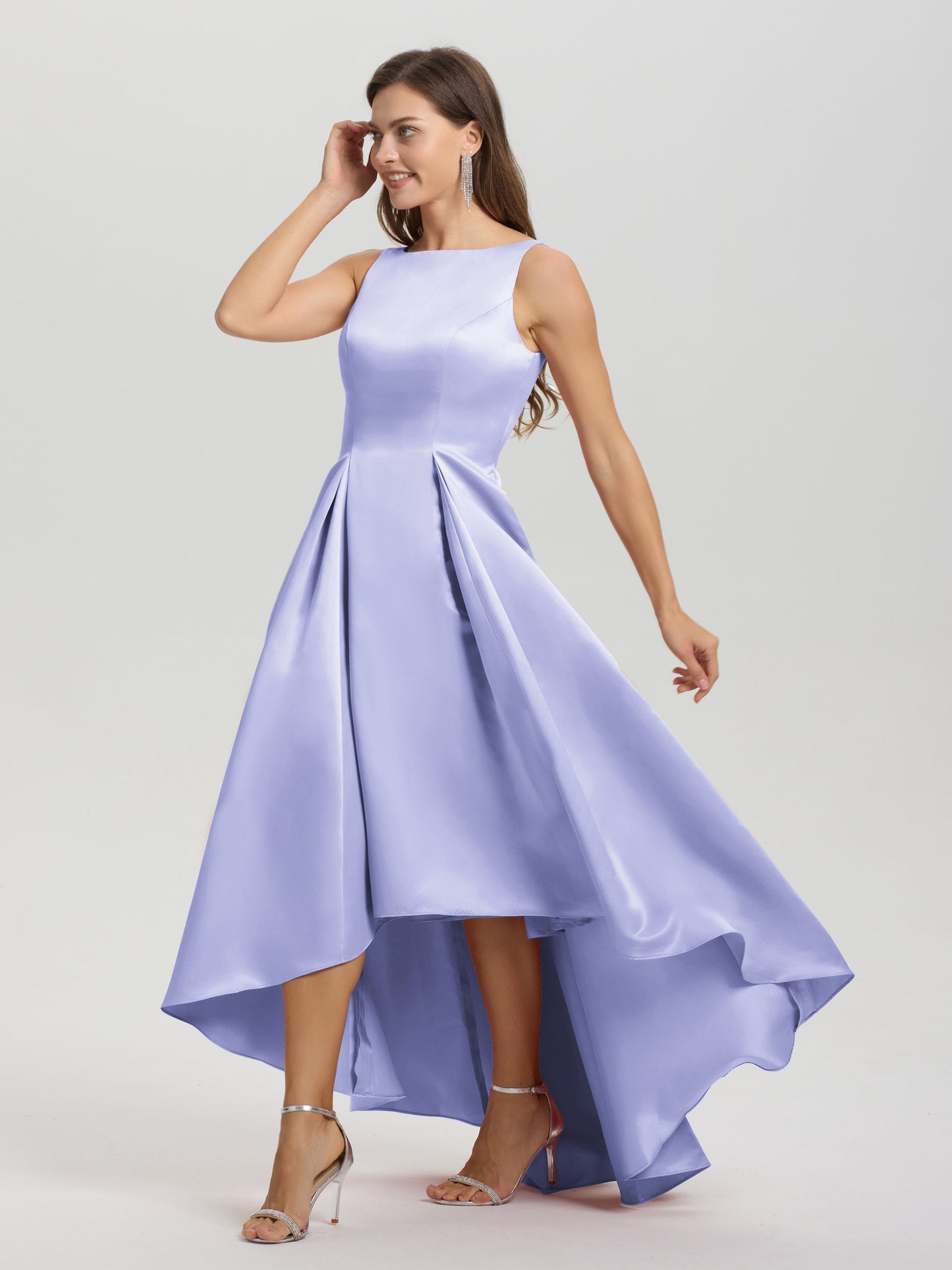 A-Line Sleeveless High Low Satin Bodice V-Back Bridesmaid Dress